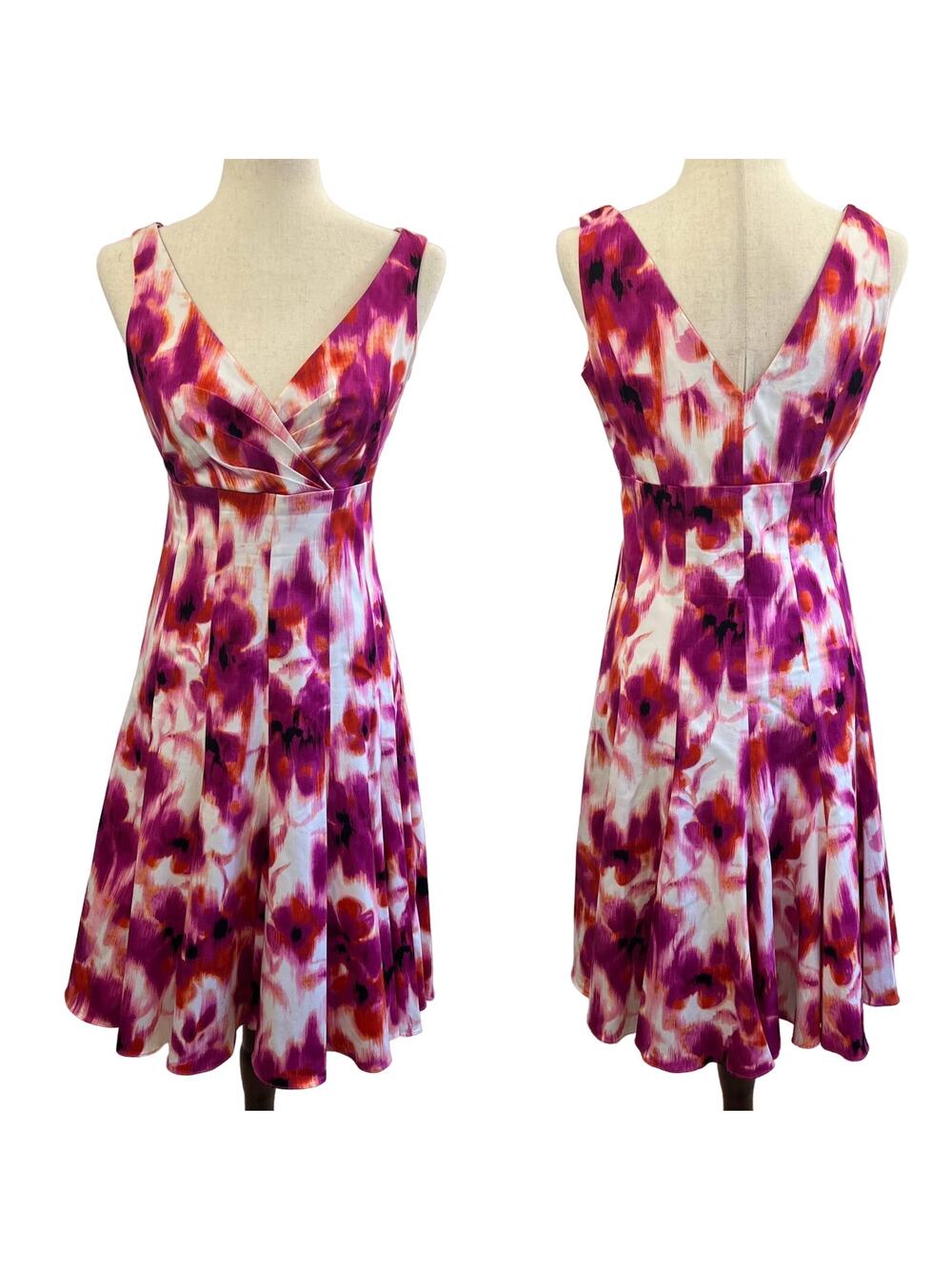 Chetta B Floral V-Neck Fit and Flare Dress Pink White Surplice Neck Size 6